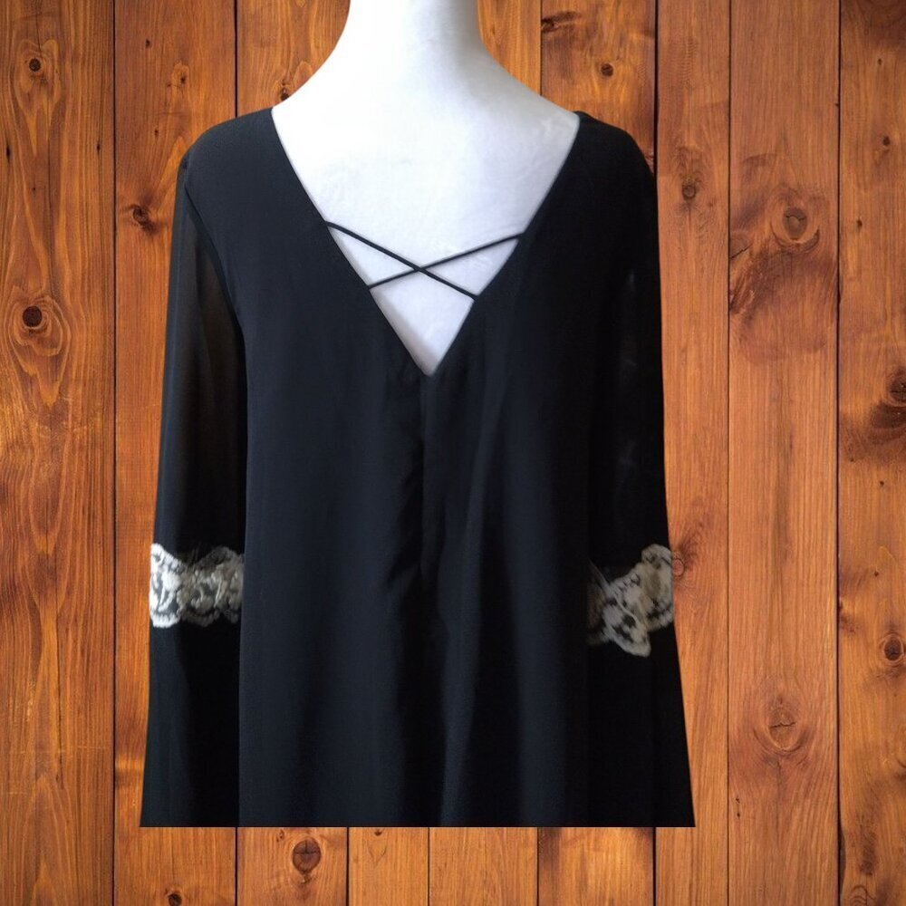 Umgee Size Small Black Bell Sleeve Lace Tunic Whimsigoth Gypsy Dress V-Neck - Picture 5 of 6